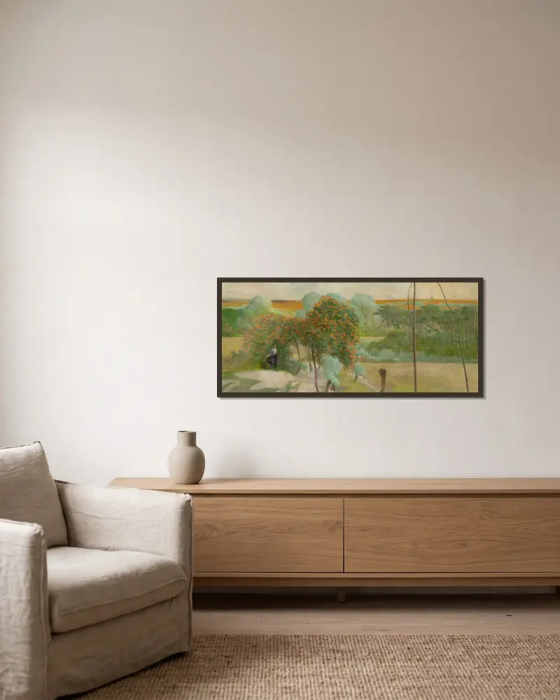 Landskap med rönnbär, högerpanelen av triptyken ”Gå till bäckarna” av Jacek Malczewski inramad på en vägg
