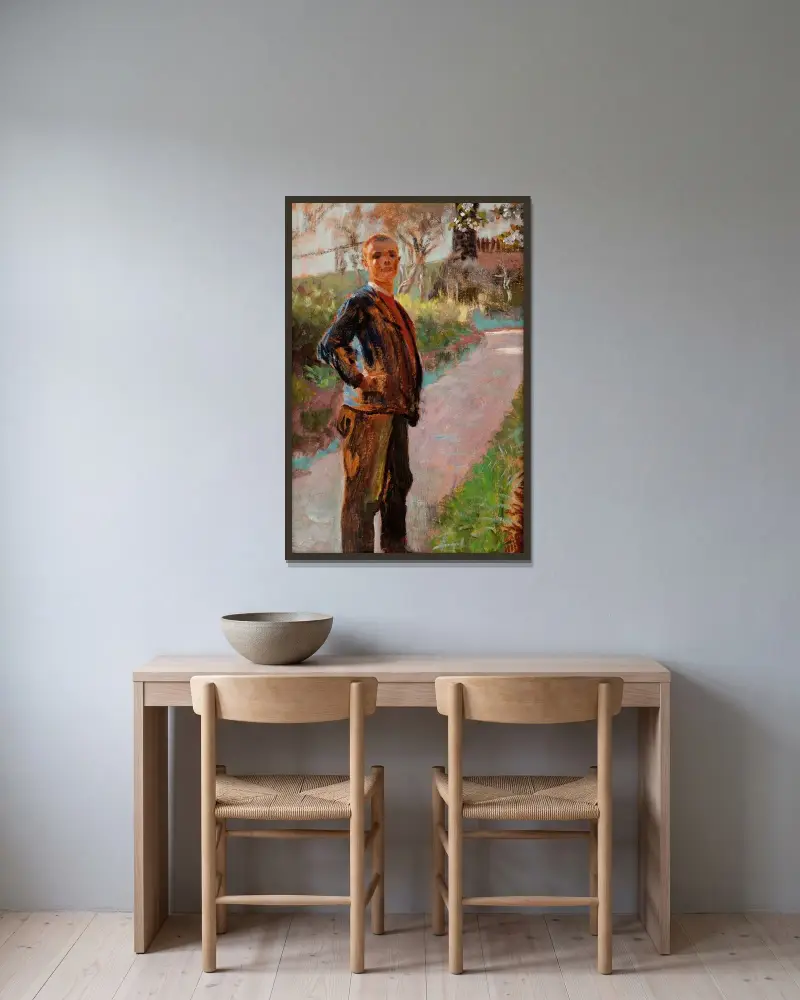 Landskap med konstnärens son på en stig av Jacek Malczewski inramad på en vägg