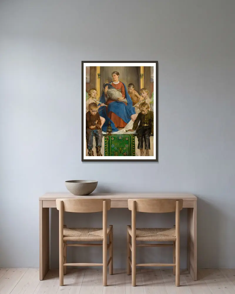 Madonna und Kinder von Jacek Malczewski gerahmt an einer Wand