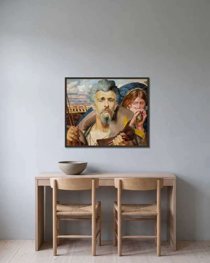 Musik – mittsektionen av triptyken av Jacek Malczewski inramad på en vägg