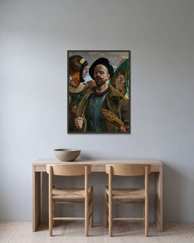 Auf einer Saite – Selbstporträt von Jacek Malczewski gerahmt an einer Wand