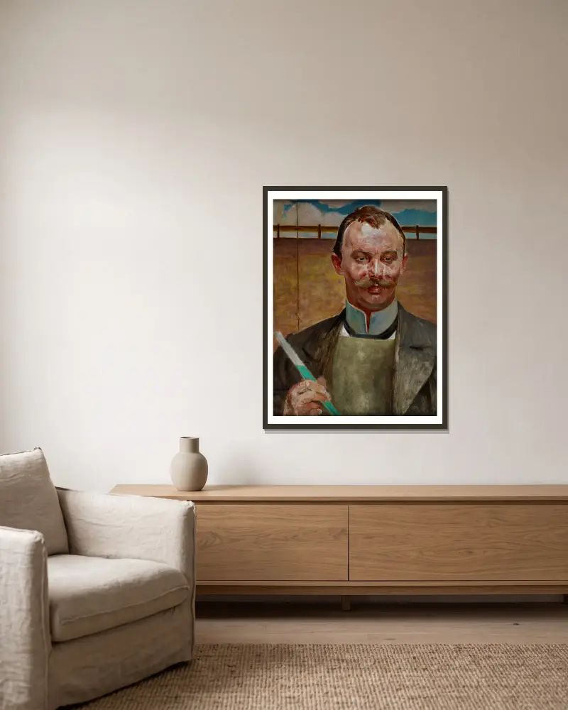 Portrait of Alfred Stepek av Jacek Malczewski inramad på en vägg