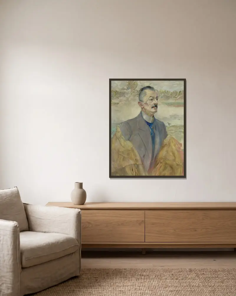 Porträtt av August Sokołowski, historiker av Jacek Malczewski inramad på en vägg