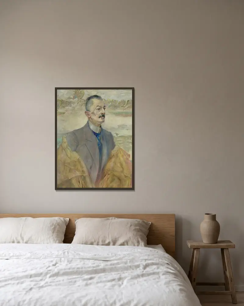 Porträtt av August Sokołowski, historiker av Jacek Malczewski inramad på en vägg