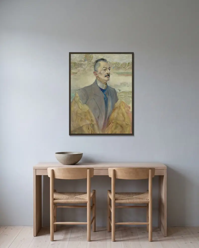 Porträtt av August Sokołowski, historiker av Jacek Malczewski inramad på en vägg