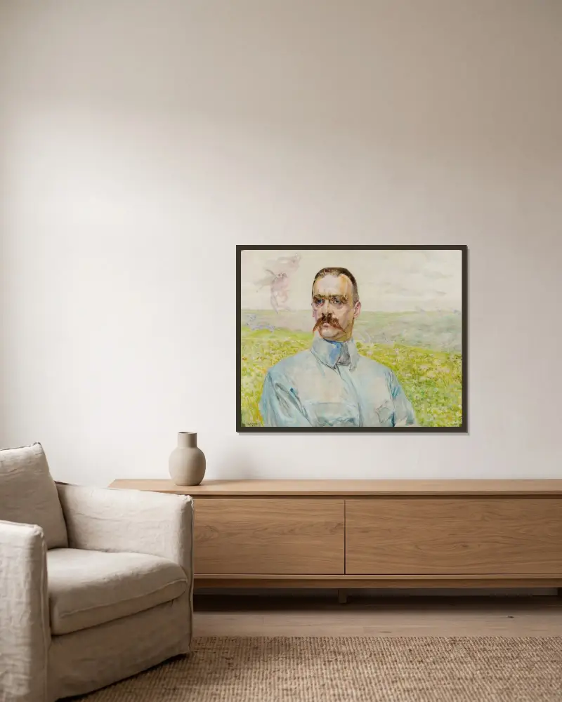 Porträtt av brigadgeneral Józef Piłsudski av Jacek Malczewski inramad på en vägg