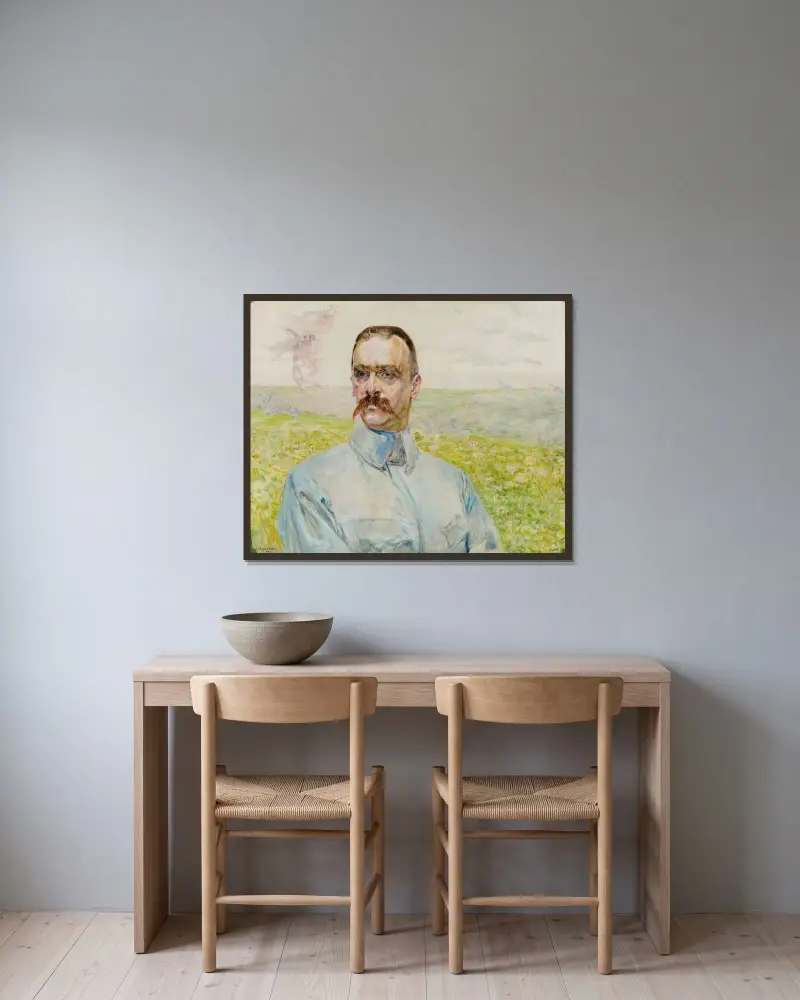 Porträtt av brigadgeneral Józef Piłsudski av Jacek Malczewski inramad på en vägg