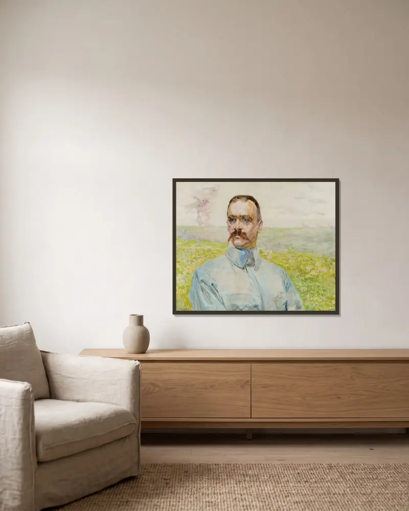 Porträtt av brigadgeneral Józef Piłsudski av Jacek Malczewski inramad på en vägg