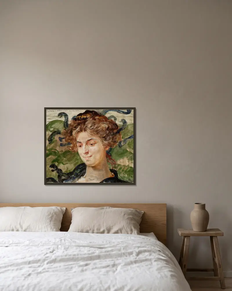 Porträtt av Helena Sulima, skådespelerska, som Gorgon av Jacek Malczewski inramad på en vägg