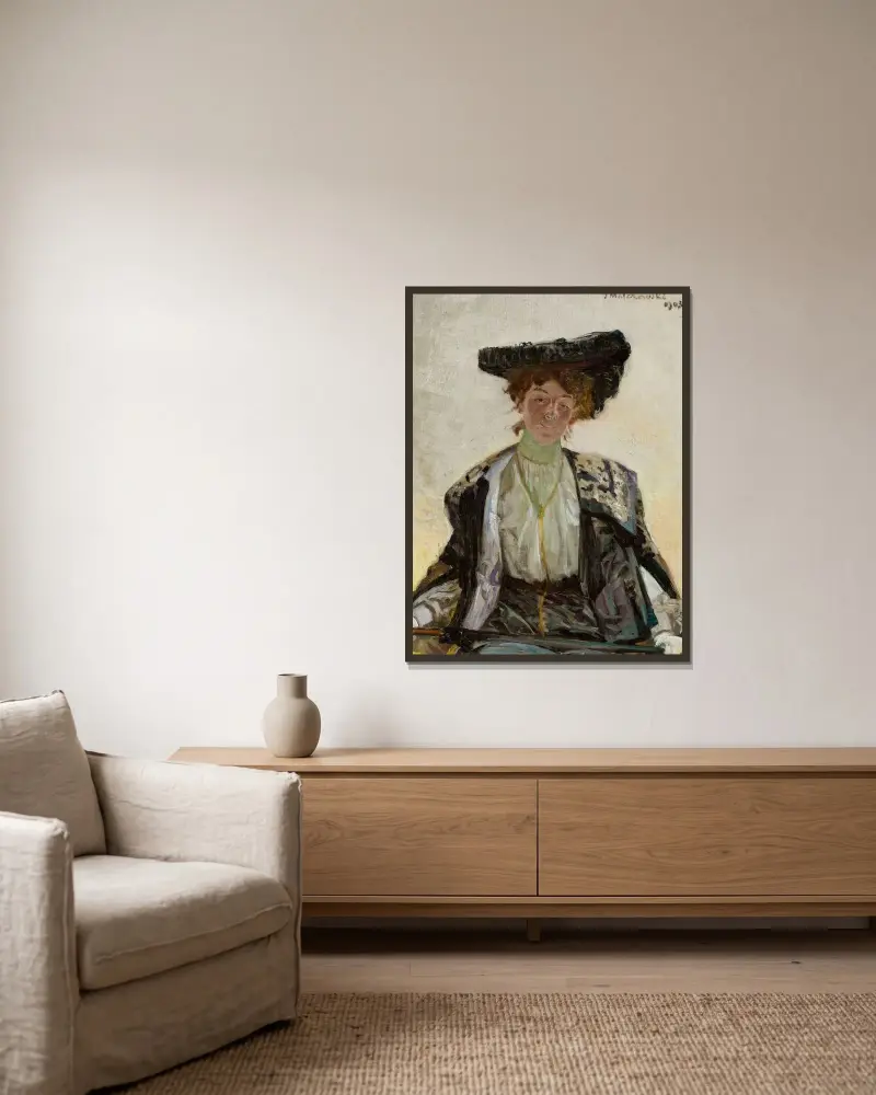 Porträtt av Helena Sulima, skådespelerska av Jacek Malczewski inramad på en vägg