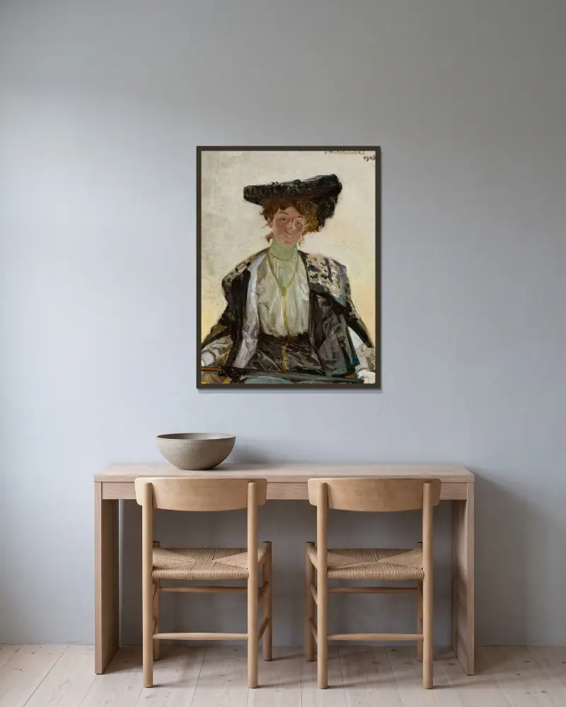 Porträtt av Helena Sulima, skådespelerska av Jacek Malczewski inramad på en vägg