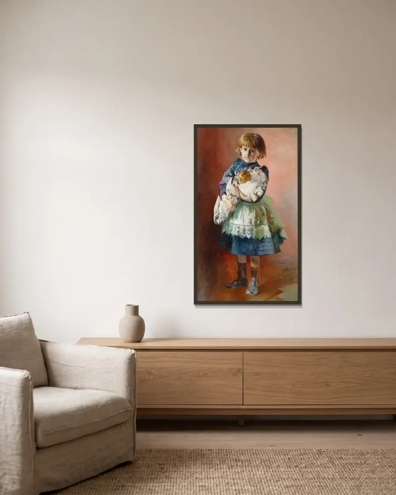 Porträtt av Julia, konstnärens dotter, med docka av Jacek Malczewski inramad på en vägg