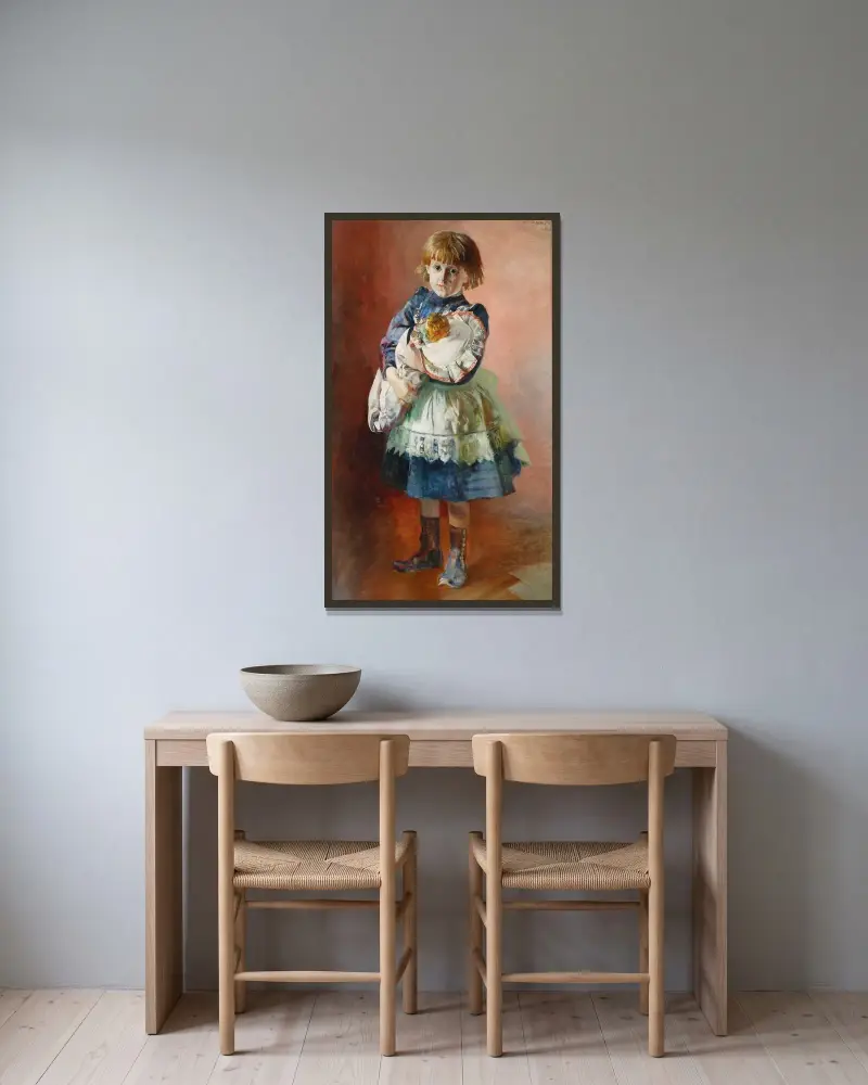 Porträtt av Julia, konstnärens dotter, med docka av Jacek Malczewski inramad på en vägg