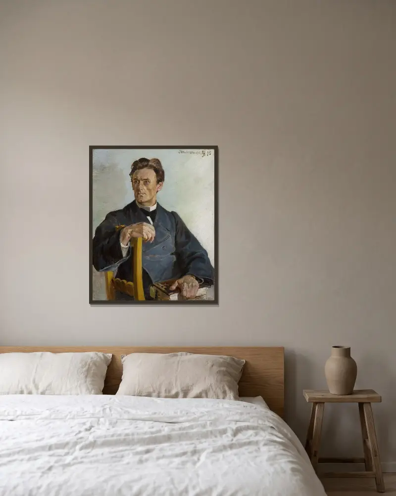 Porträtt av prästen Henryk Radomiński av Jacek Malczewski inramad på en vägg