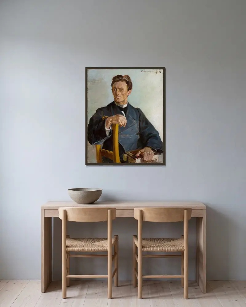 Porträtt av prästen Henryk Radomiński av Jacek Malczewski inramad på en vägg