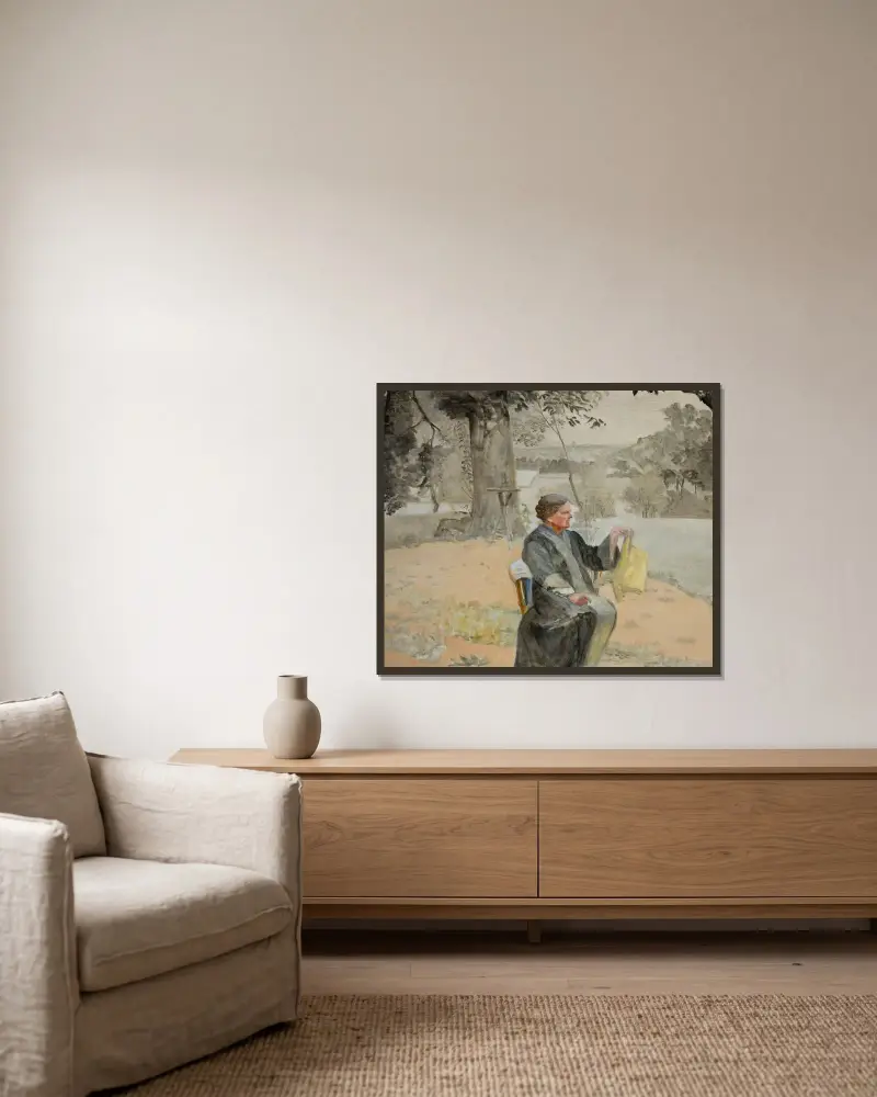 Porträtt av syster Helena i trädgården av Jacek Malczewski inramad på en vägg