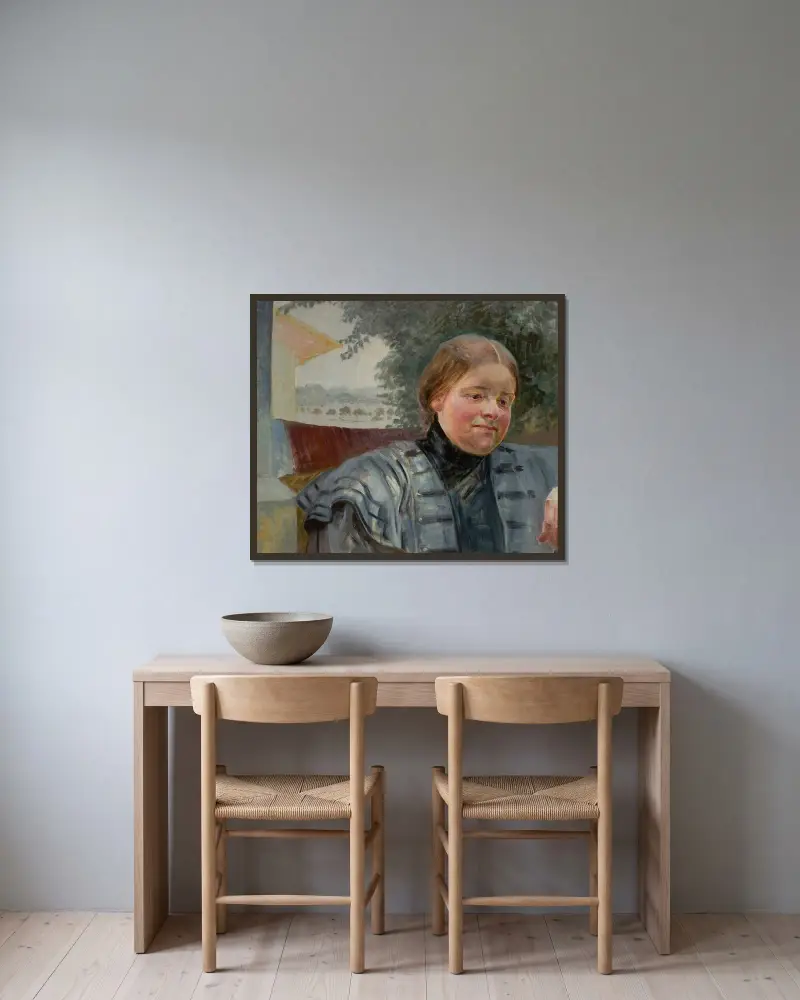 Porträtt av syster Helena av Jacek Malczewski inramad på en vägg