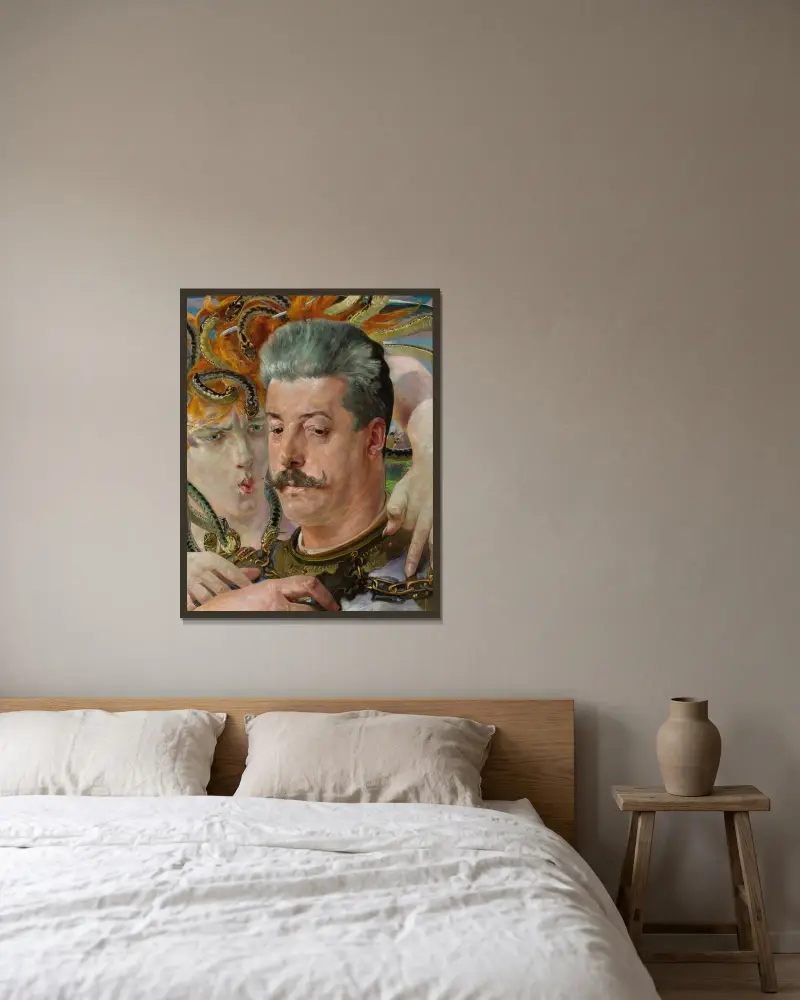 Porträtt av Tadeusz Błotnicki med medusa av Jacek Malczewski inramad på en vägg