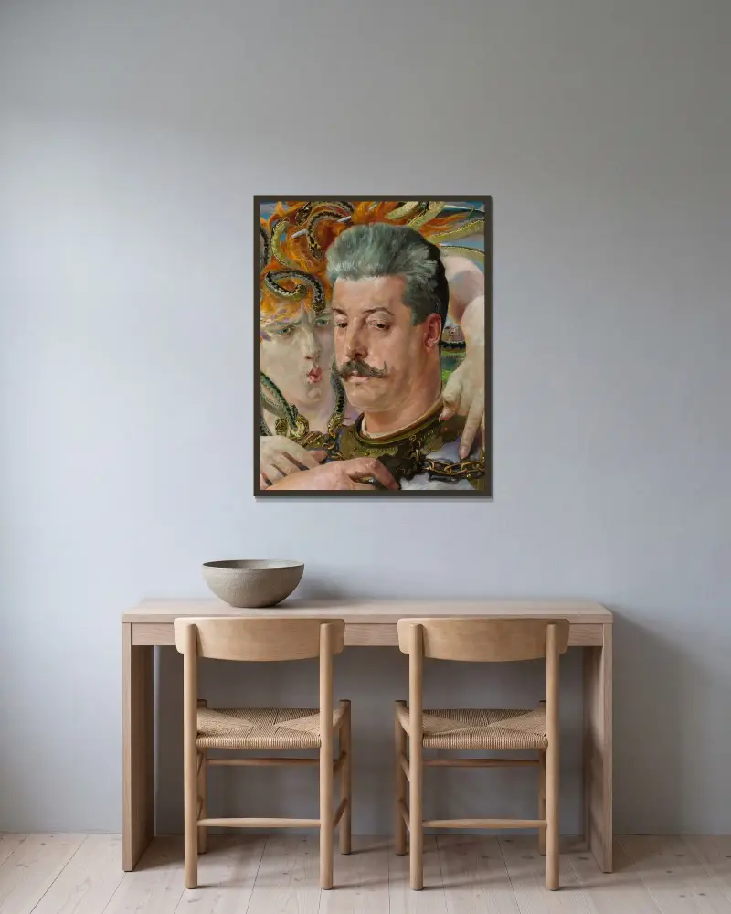 Porträtt av Tadeusz Błotnicki med medusa av Jacek Malczewski inramad på en vägg