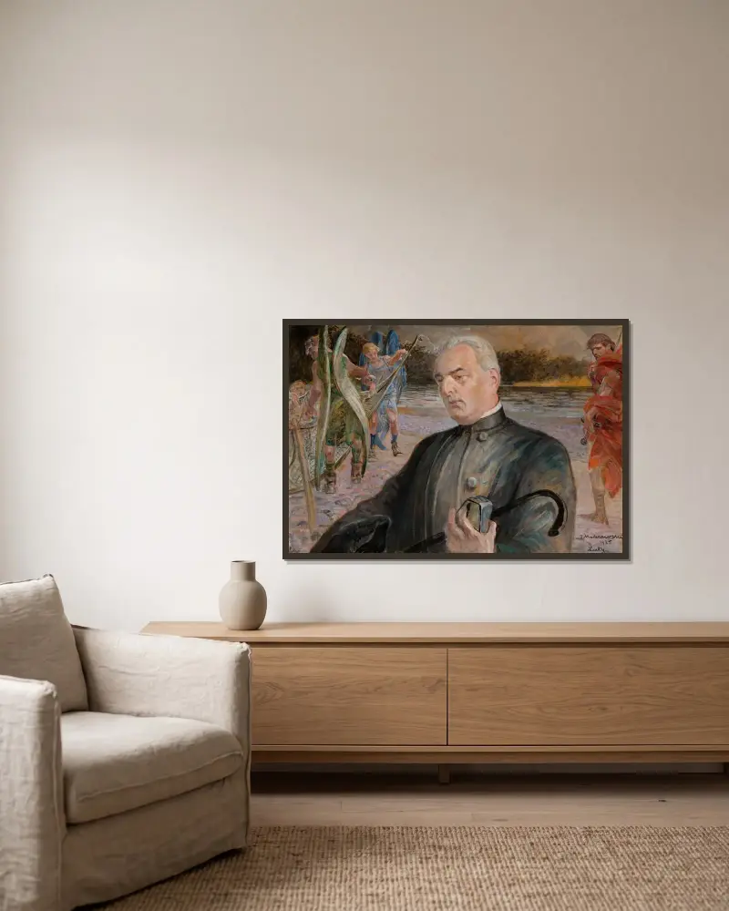 Porträtt av pastor Jan Jasiak av Jacek Malczewski inramad på en vägg