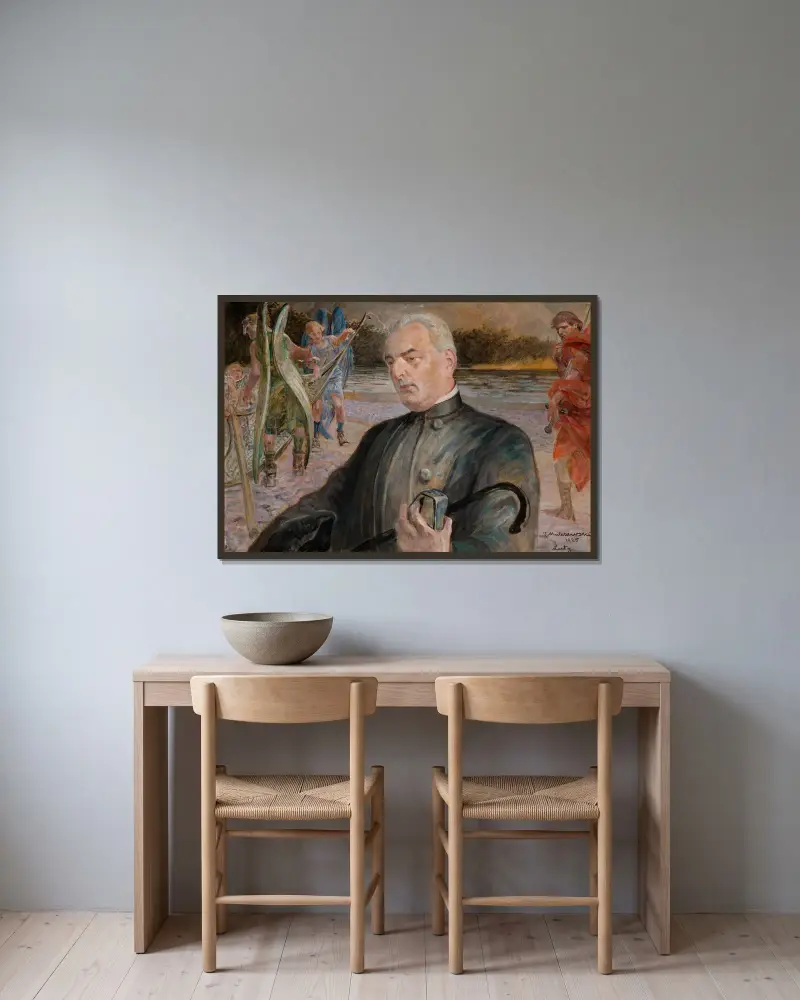 Porträtt av pastor Jan Jasiak av Jacek Malczewski inramad på en vägg