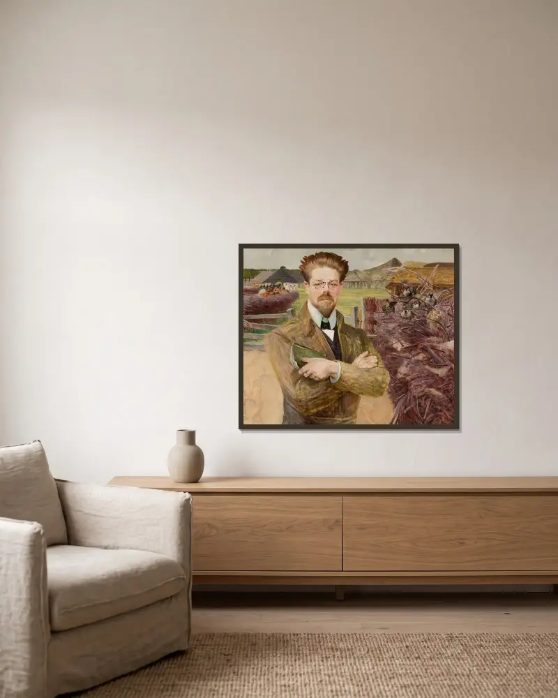 Porträtt av Władysław Reymont av Jacek Malczewski inramad på en vägg