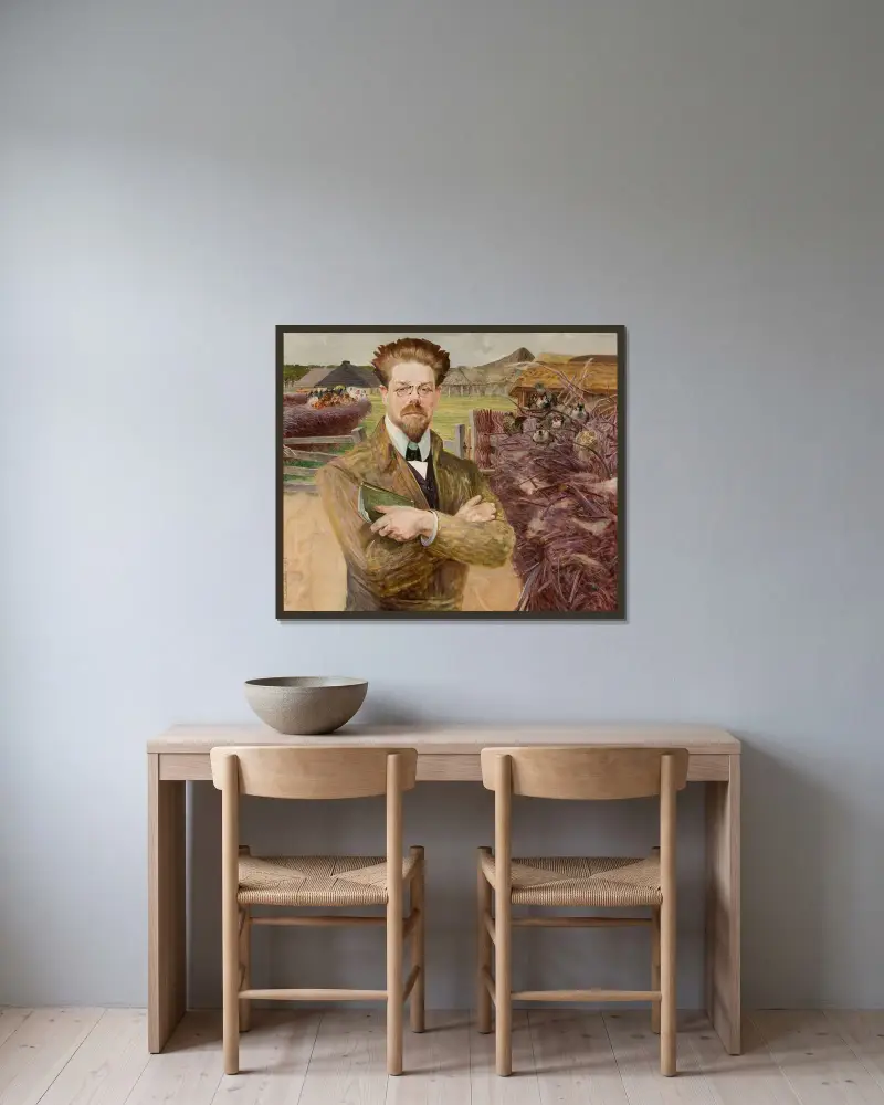 Porträtt av Władysław Reymont av Jacek Malczewski inramad på en vägg