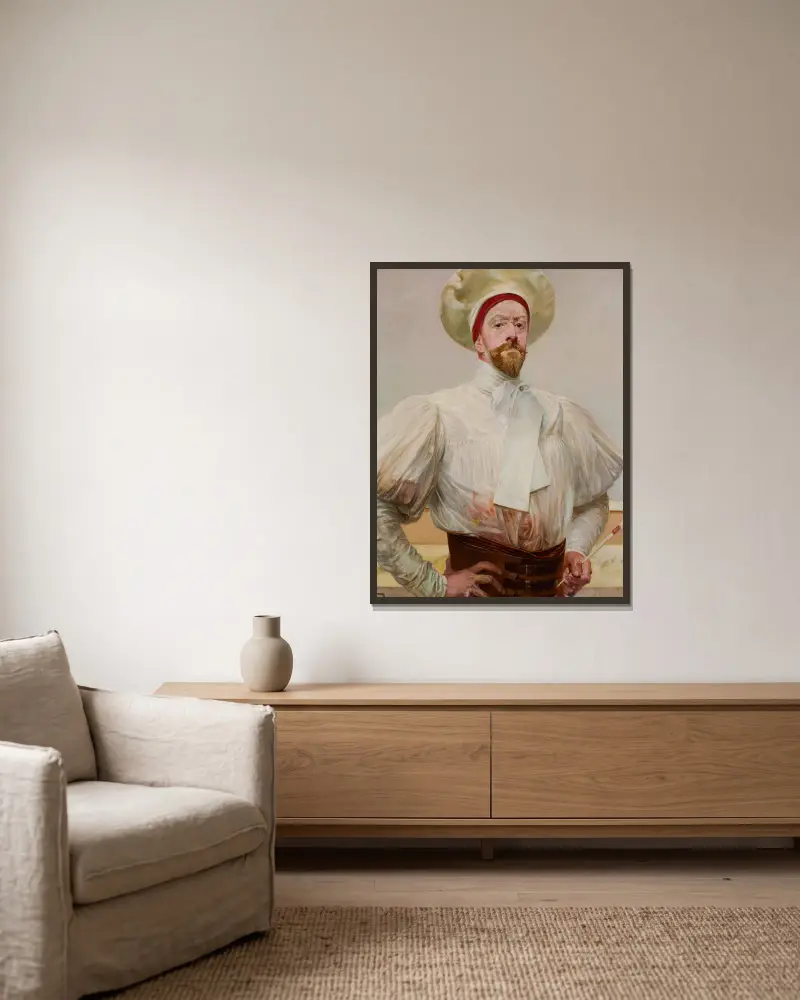 Self-Portrait in a White Attire av Jacek Malczewski inramad på en vägg