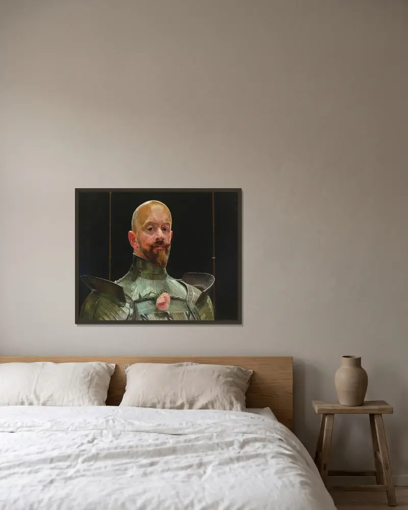Självporträtt i rustning av Jacek Malczewski inramad på en vägg