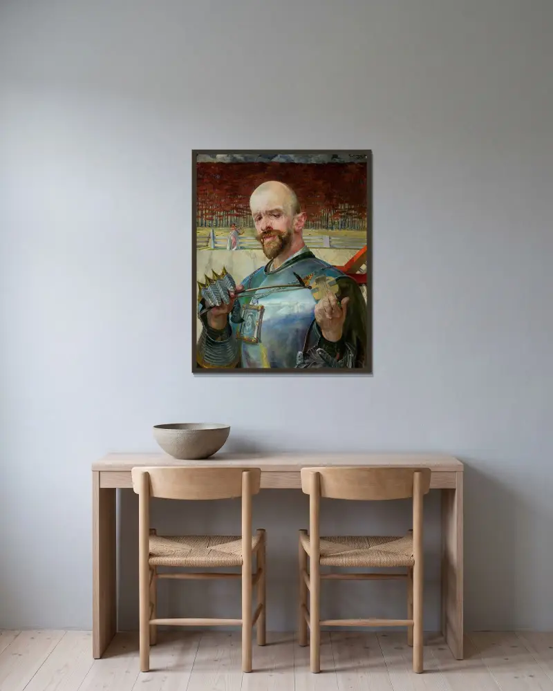 Självporträtt i rustning med fioler av Jacek Malczewski inramad på en vägg