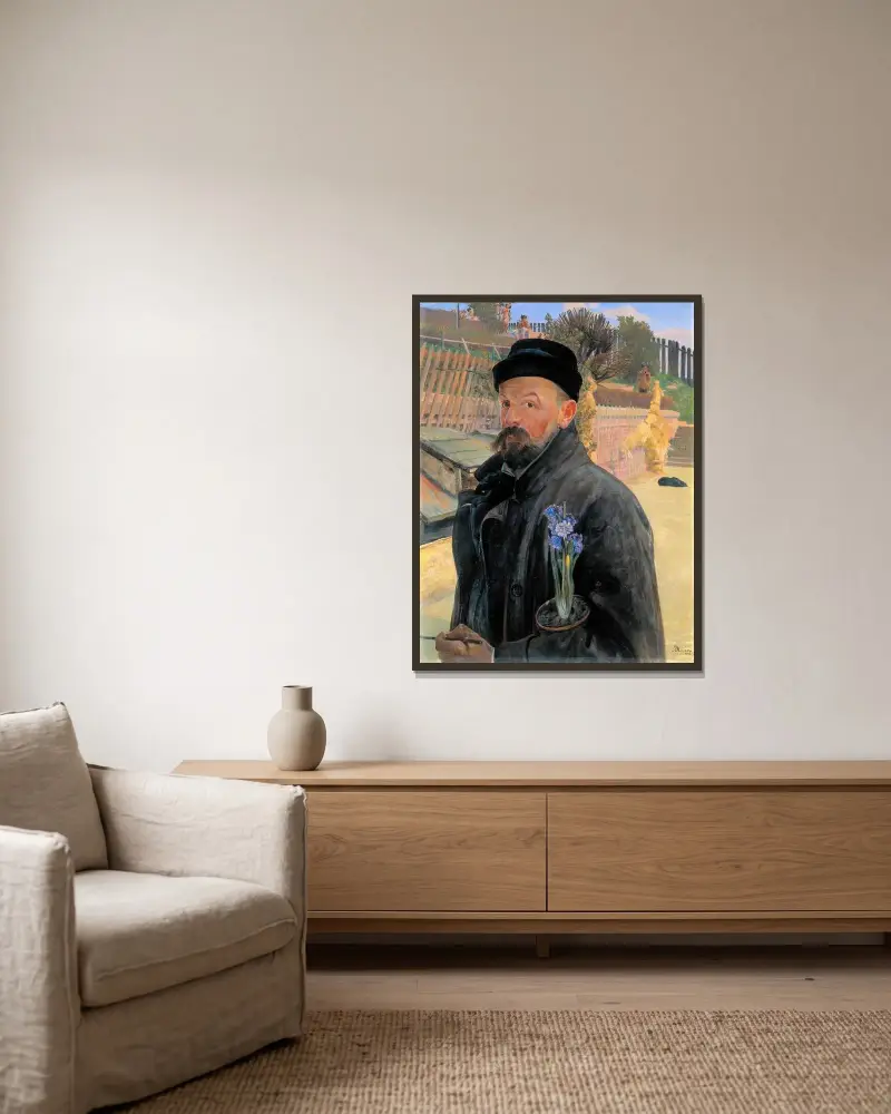 Självporträtt med hyacint av Jacek Malczewski inramad på en vägg