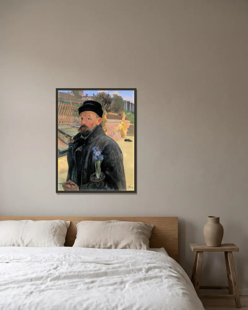 Självporträtt med hyacint av Jacek Malczewski inramad på en vägg