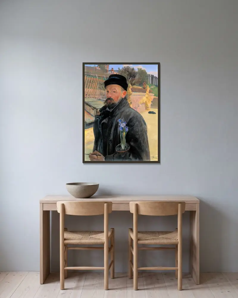 Självporträtt med hyacint av Jacek Malczewski inramad på en vägg