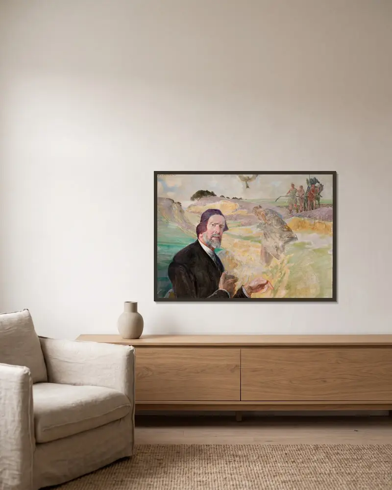 Självporträtt med polsk väg av Jacek Malczewski inramad på en vägg
