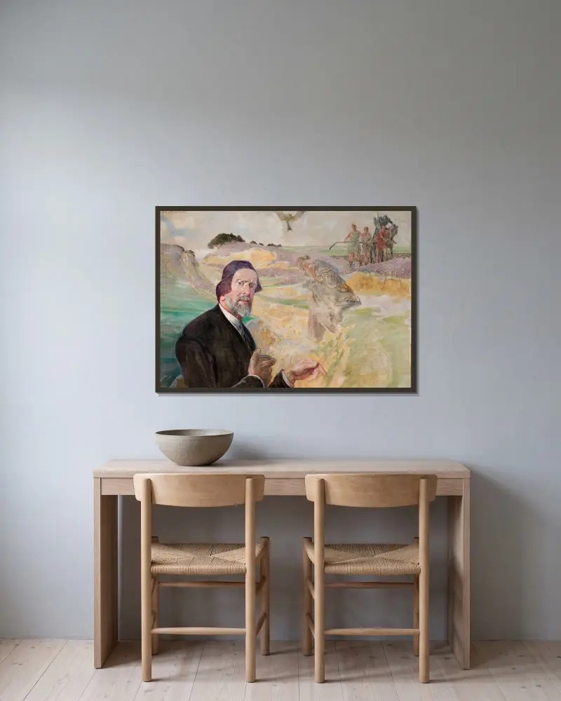 Självporträtt med polsk väg av Jacek Malczewski inramad på en vägg