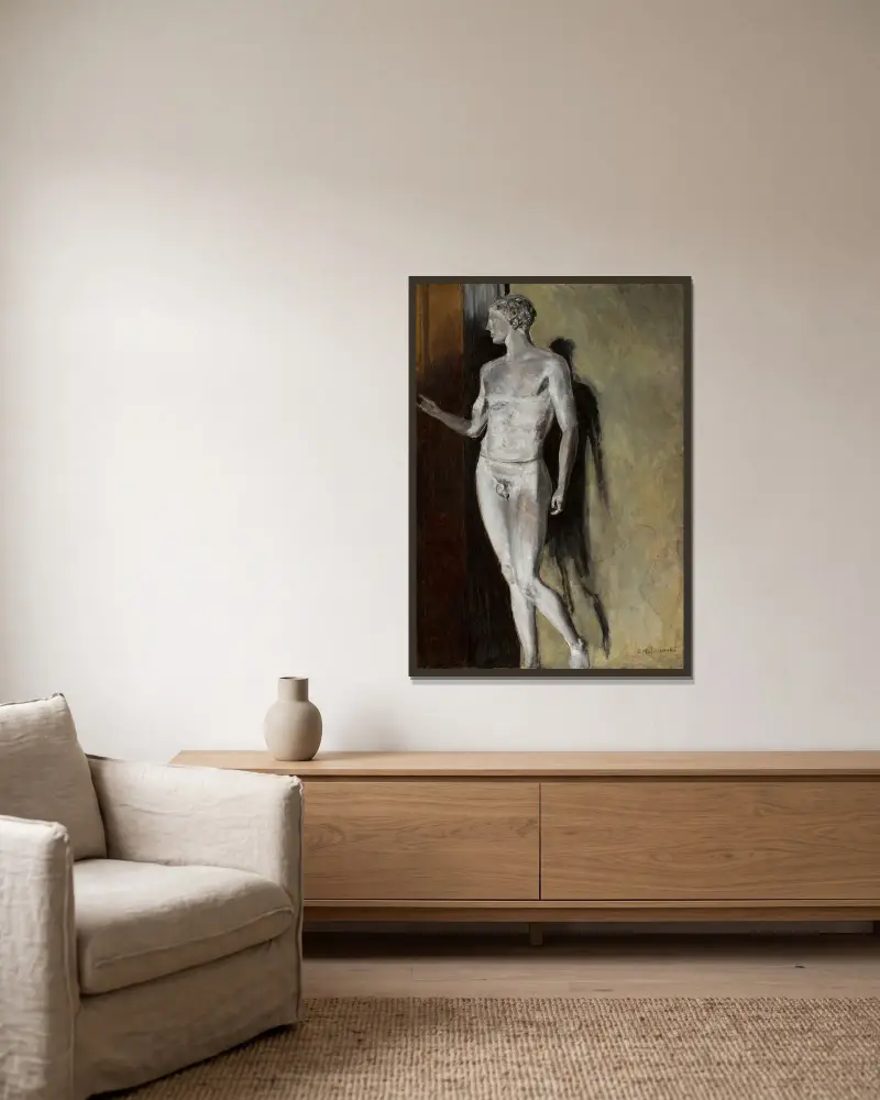 Studie av en klassisk skulptur av Jacek Malczewski inramad på en vägg