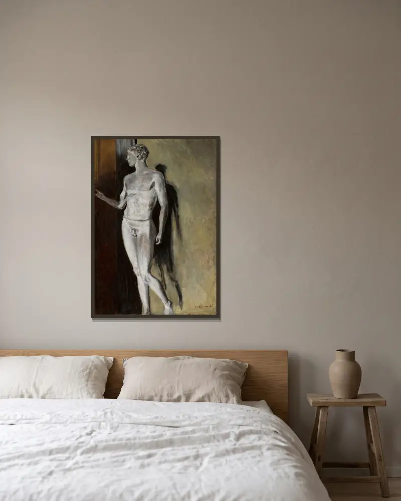 Studie av en klassisk skulptur av Jacek Malczewski inramad på en vägg