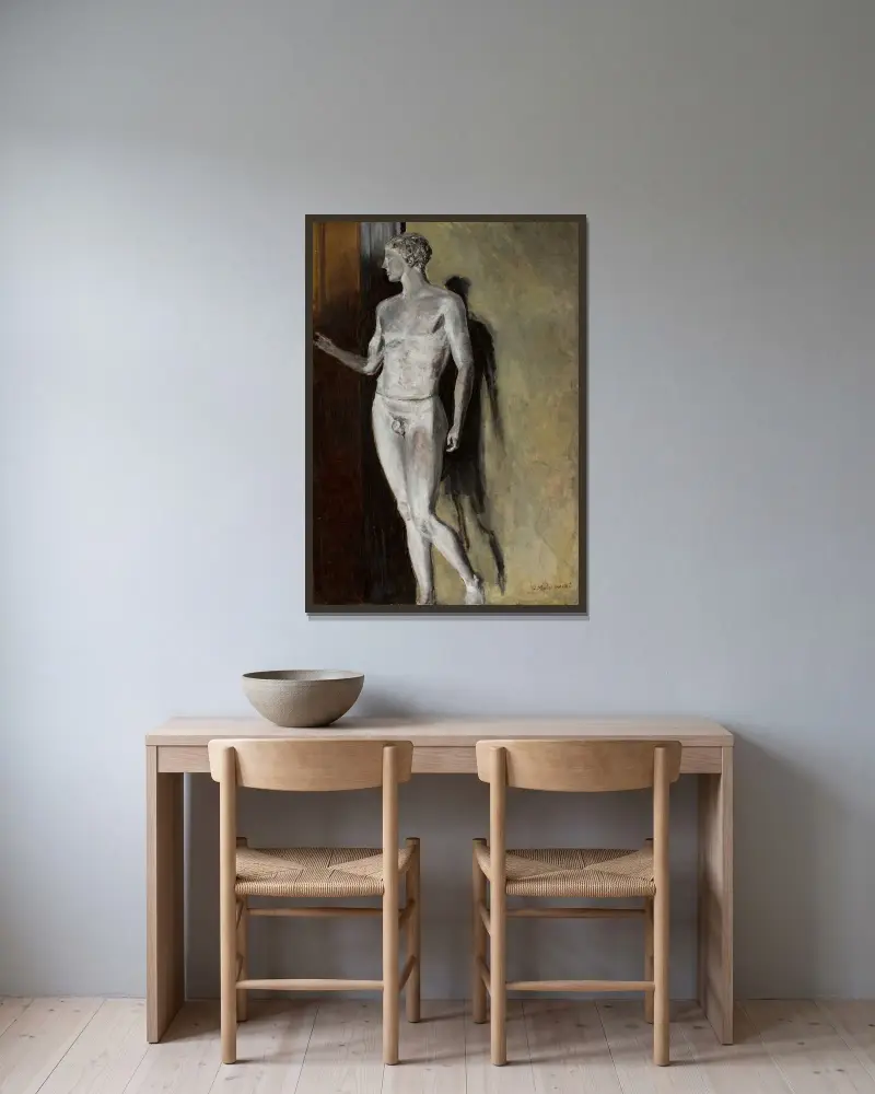 Studie av en klassisk skulptur av Jacek Malczewski inramad på en vägg