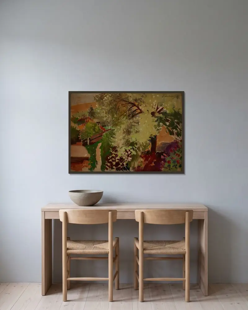 Sommarlandskap av Jacek Malczewski inramad på en vägg