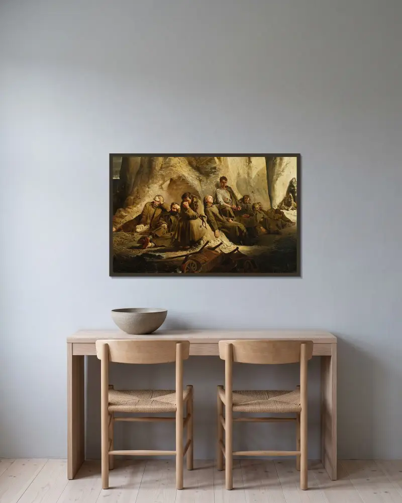 Söndag vid gruvan (Vila vid gruvan) av Jacek Malczewski inramad på en vägg