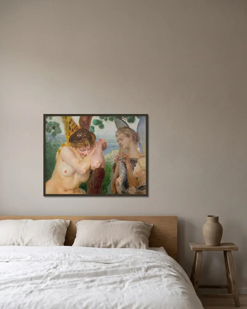 Tobias med en harpyja av Jacek Malczewski inramad på en vägg