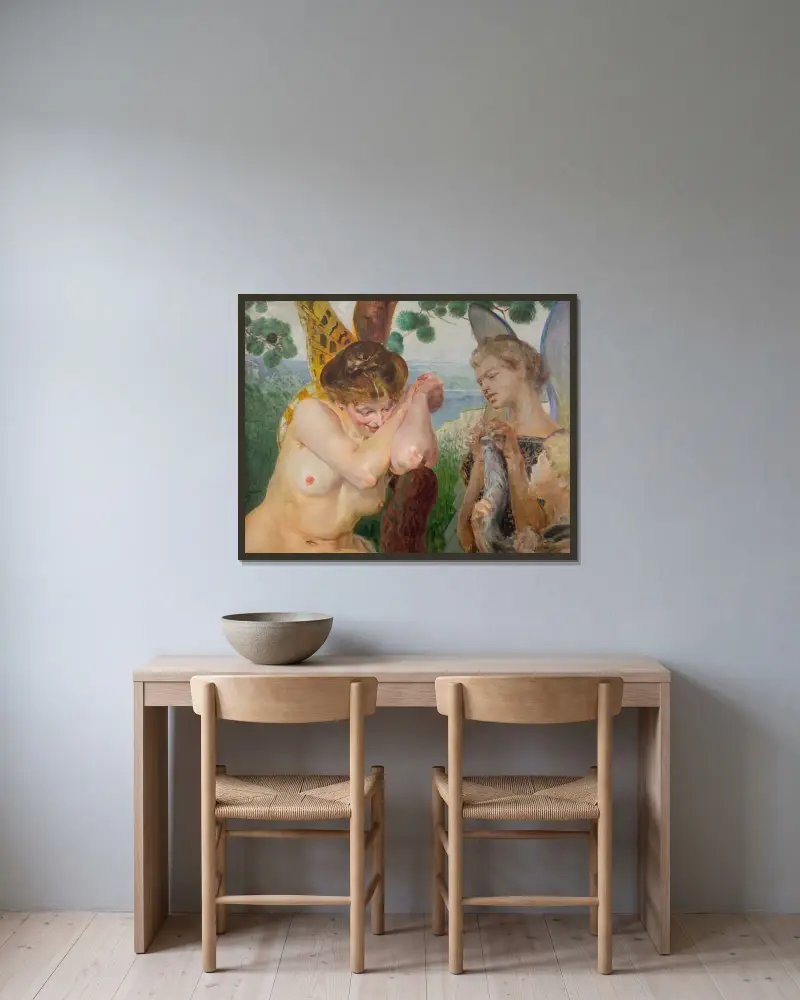 Tobias med en harpyja av Jacek Malczewski inramad på en vägg