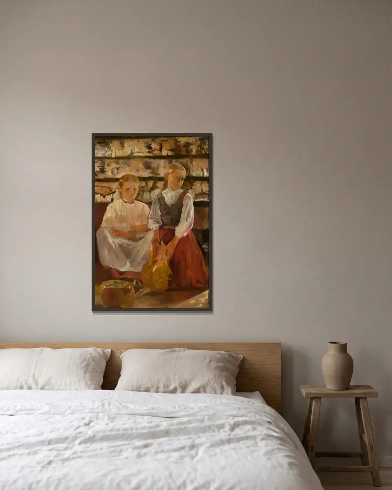 Två flickor med kanna av Jacek Malczewski inramad på en vägg