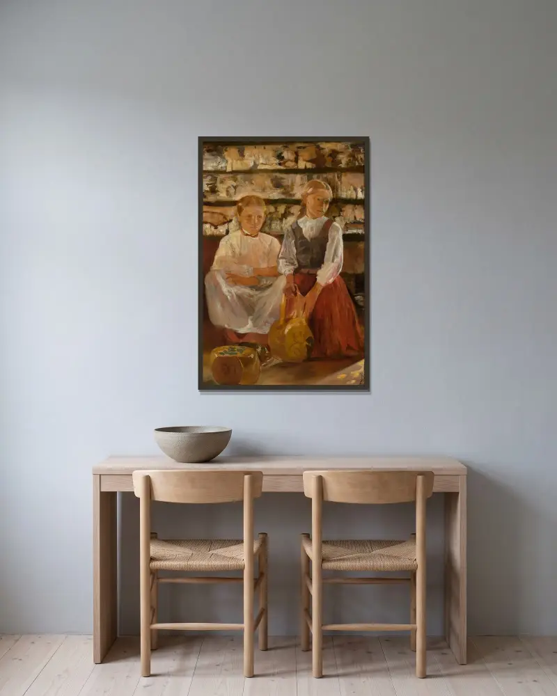 Två flickor med kanna av Jacek Malczewski inramad på en vägg