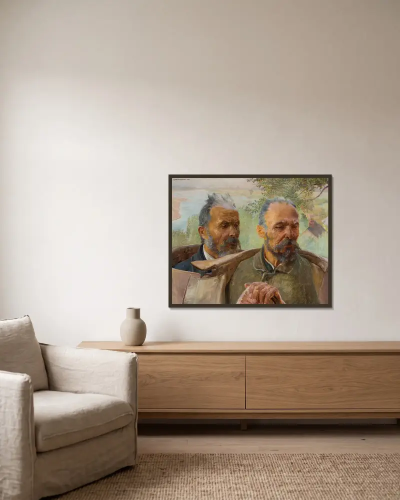 Två gubbhuvuden av Jacek Malczewski inramad på en vägg
