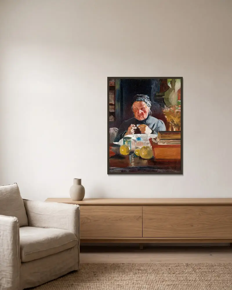 Kvinna vid bord, skiss av Jacek Malczewski inramad på en vägg