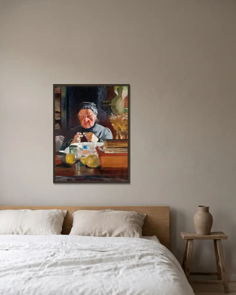 Kvinna vid bord, skiss av Jacek Malczewski inramad på en vägg