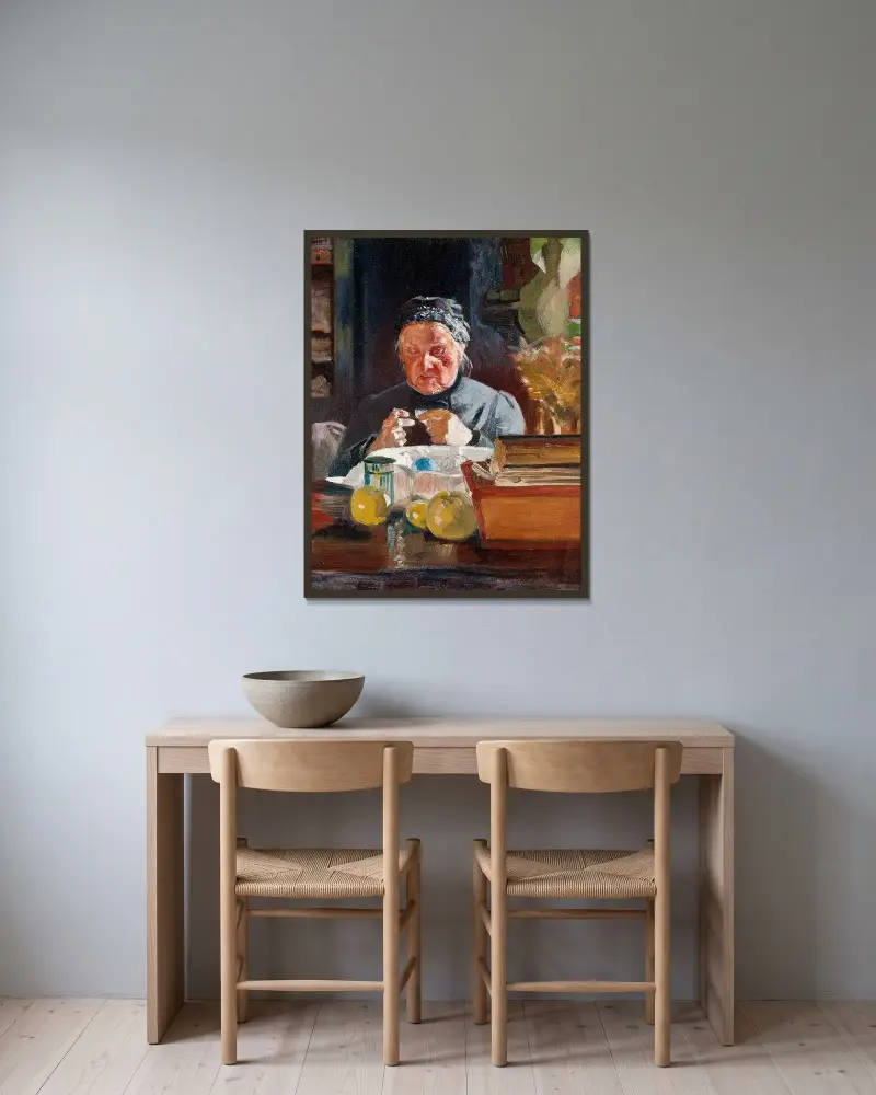 Kvinna vid bord, skiss av Jacek Malczewski inramad på en vägg