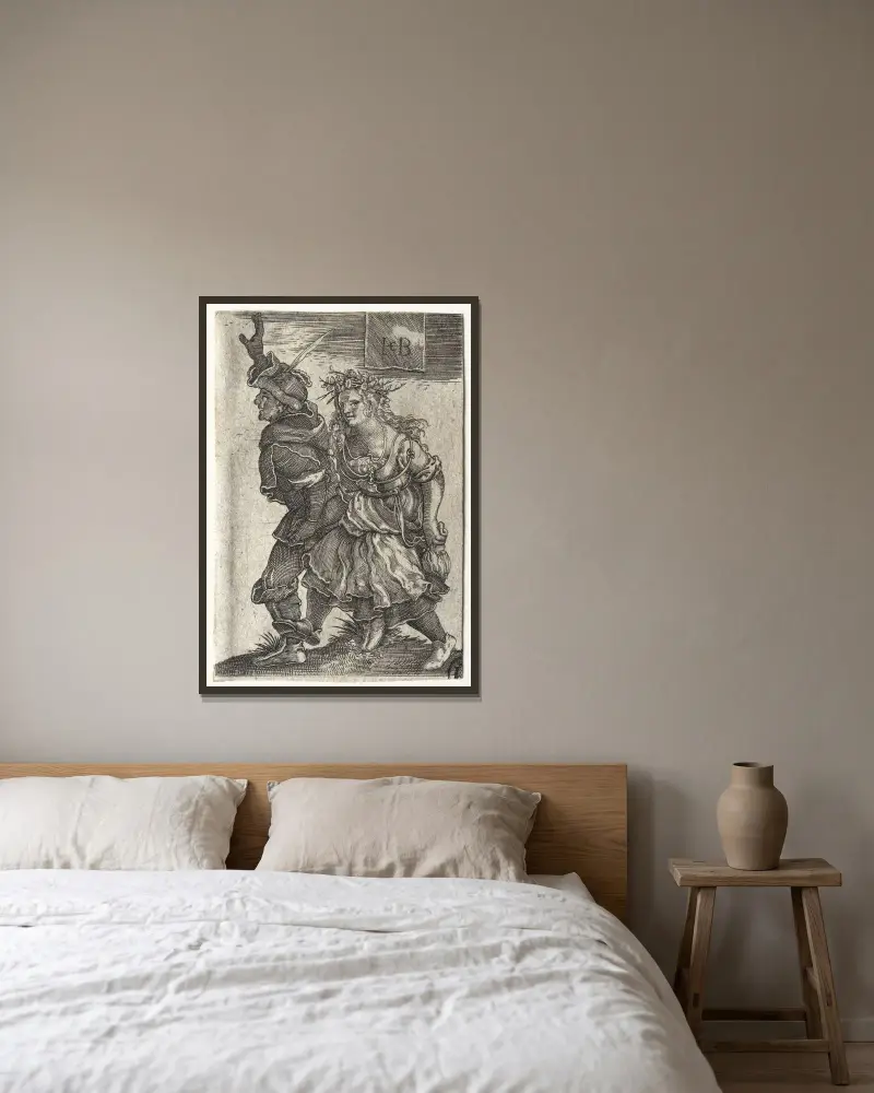 Ett dansande bondepar av Jacob Binck inramad på en vägg