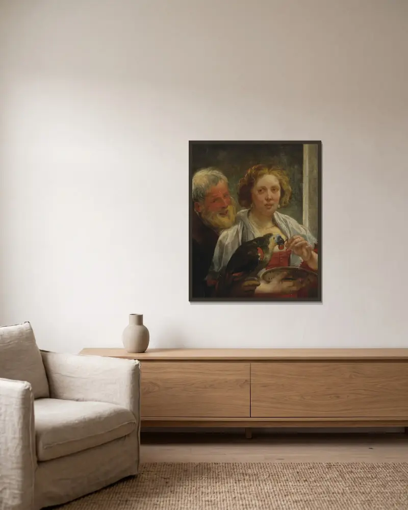 En skäggig man och en kvinna med papegoja; 'Obetald kärlek' av Jacob Jordaens inramad på en vägg